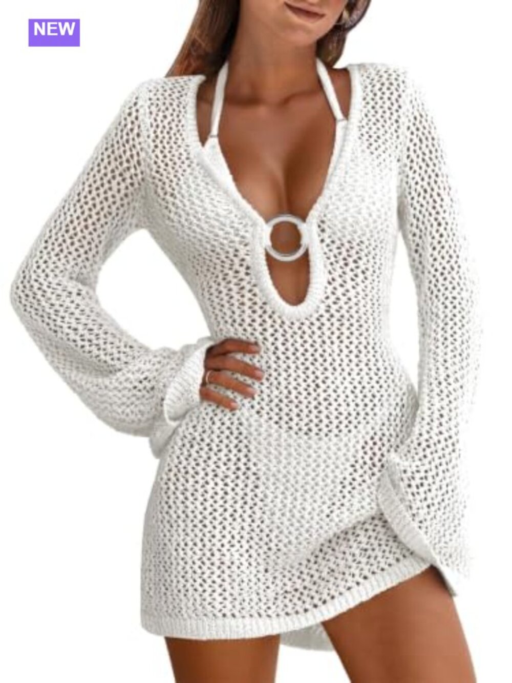 ANRABESS Women's Crochet Swimsuit Coverup Long Sleeve V-Neck Acrylic Beach Dress